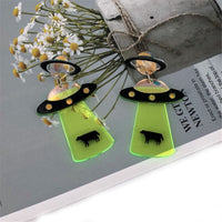 Green & Silvertone UFO Beam Drop Earrings