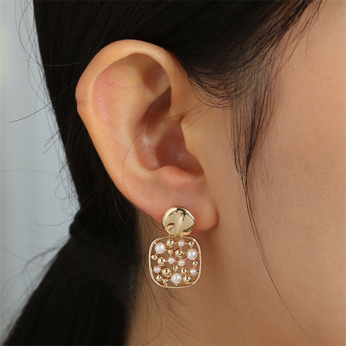 Pearl and 18K Gold-Plated Square Bezel-Set Drop Earrings, gold drop earrings for women, vintage-inspired design, styled look