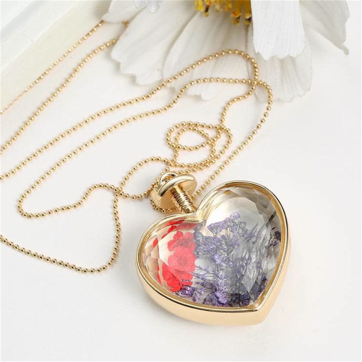 Purple Pressed Flower and 18K Gold-Plated Heart Pendant Necklace, gold pendant necklace for women, styled look