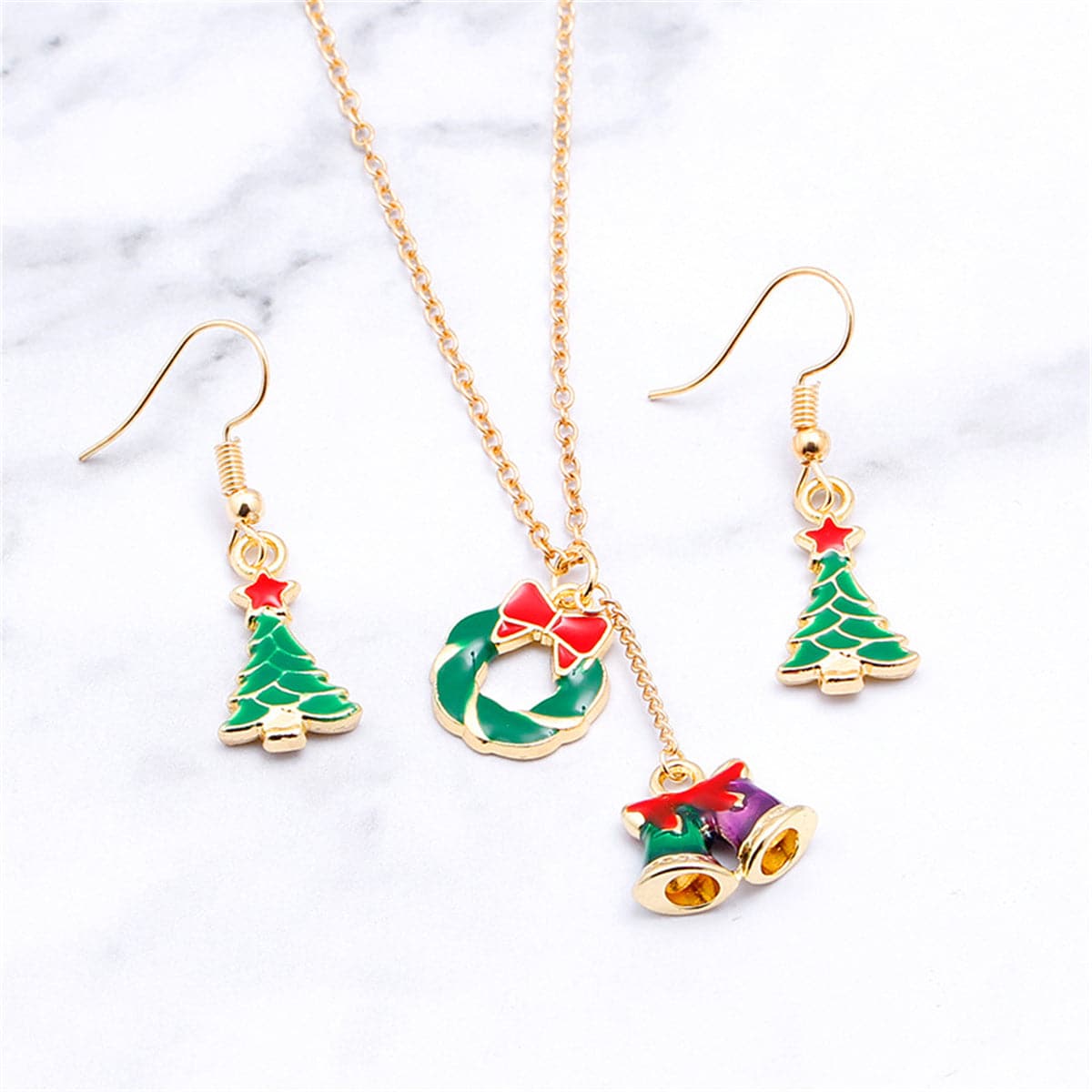 Green Enamel and 18K Gold-Plated Bell Pendant Necklace and Earrings, gold drop earrings for women, detail close-up