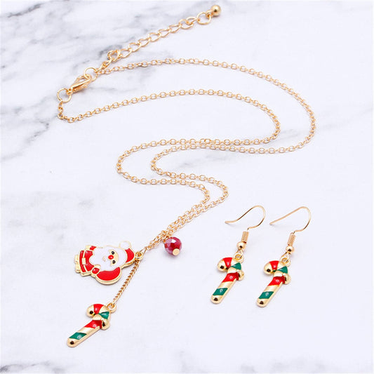 Red and 18K Gold-Plated Candy Cane and Santa Claus Drop Earrings and Pendant Necklace Set, gold drop earrings..., front view