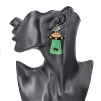 Green & Silvertone UFO Beam Drop Earrings