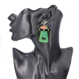 Green & Silvertone UFO Beam Drop Earrings