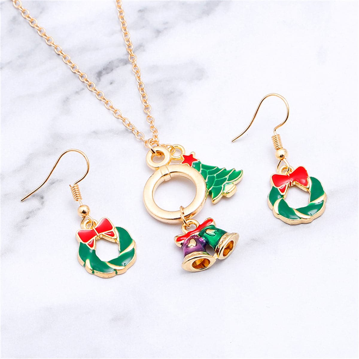 Green Enamel and 18K Gold-Plated Wreath Earrings and Pendant Necklace, gold drop earrings for women, side view