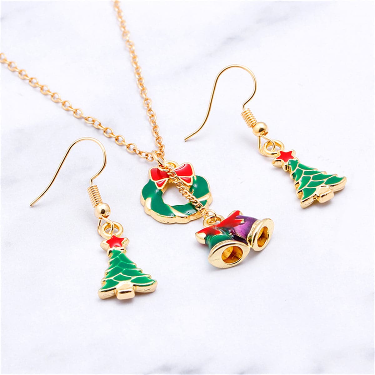 Green Enamel and 18K Gold-Plated Bell Pendant Necklace and Earrings, gold drop earrings for women, side view
