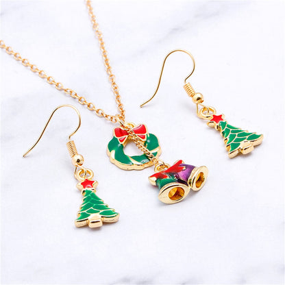Green Enamel and 18K Gold-Plated Bell Pendant Necklace and Earrings, gold drop earrings for women, side view