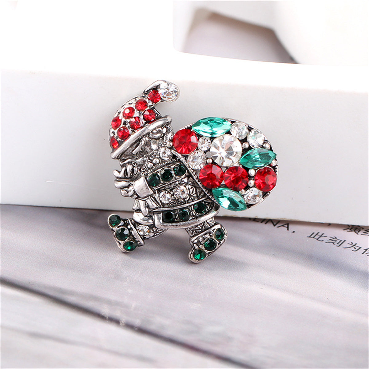 Green Crystal & Cubic Zirconia Santa Brooch