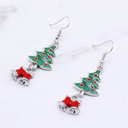 Green and Silver-Plated Christmas Tree Bell Drop Earrings, silver drop earrings for women, detail close-up