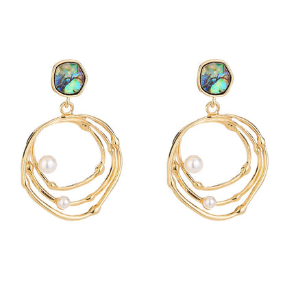Abalone Shell and Pearl 18K Gold-Plated Layered Drop Earrings, gold drop earrings for women, botanical inspired, styled look