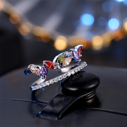Jewel-Tone Crystal and Cubic Zirconia Pear Bypass Ring, statement rings for women, dainty minimalist design, front view