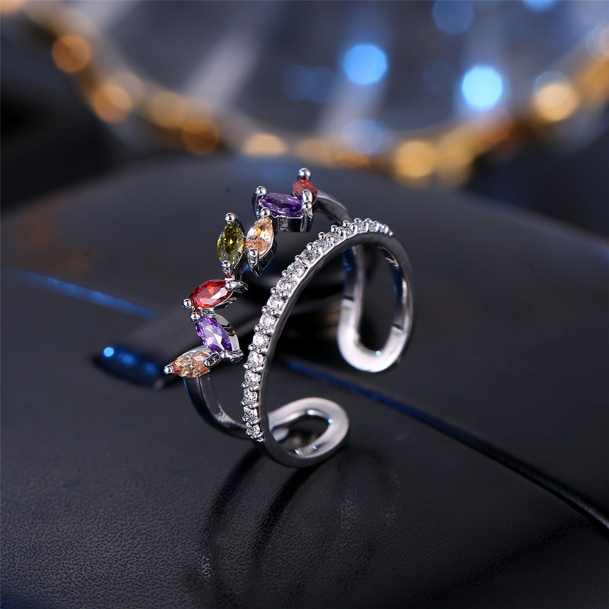 Jewel-Tone Crystal and Cubic Zirconia Pear Bypass Ring, statement rings for women, dainty minimalist design, styled look