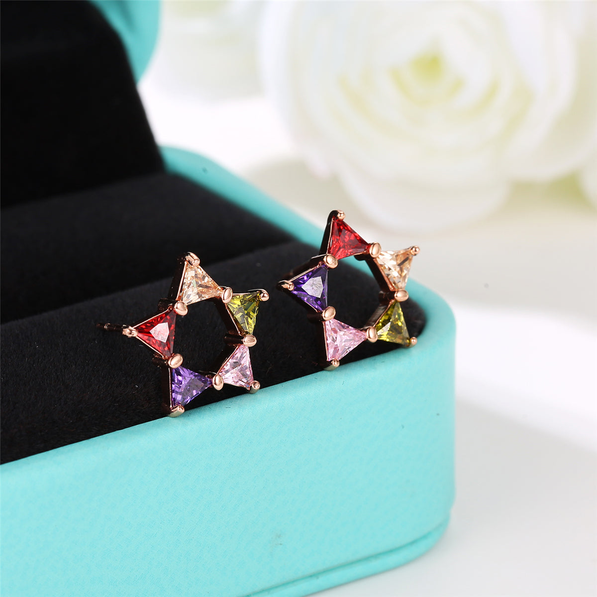 Multicolor Crystal & 18K Rose Gold-Plated Triangle Star Stud Earrings