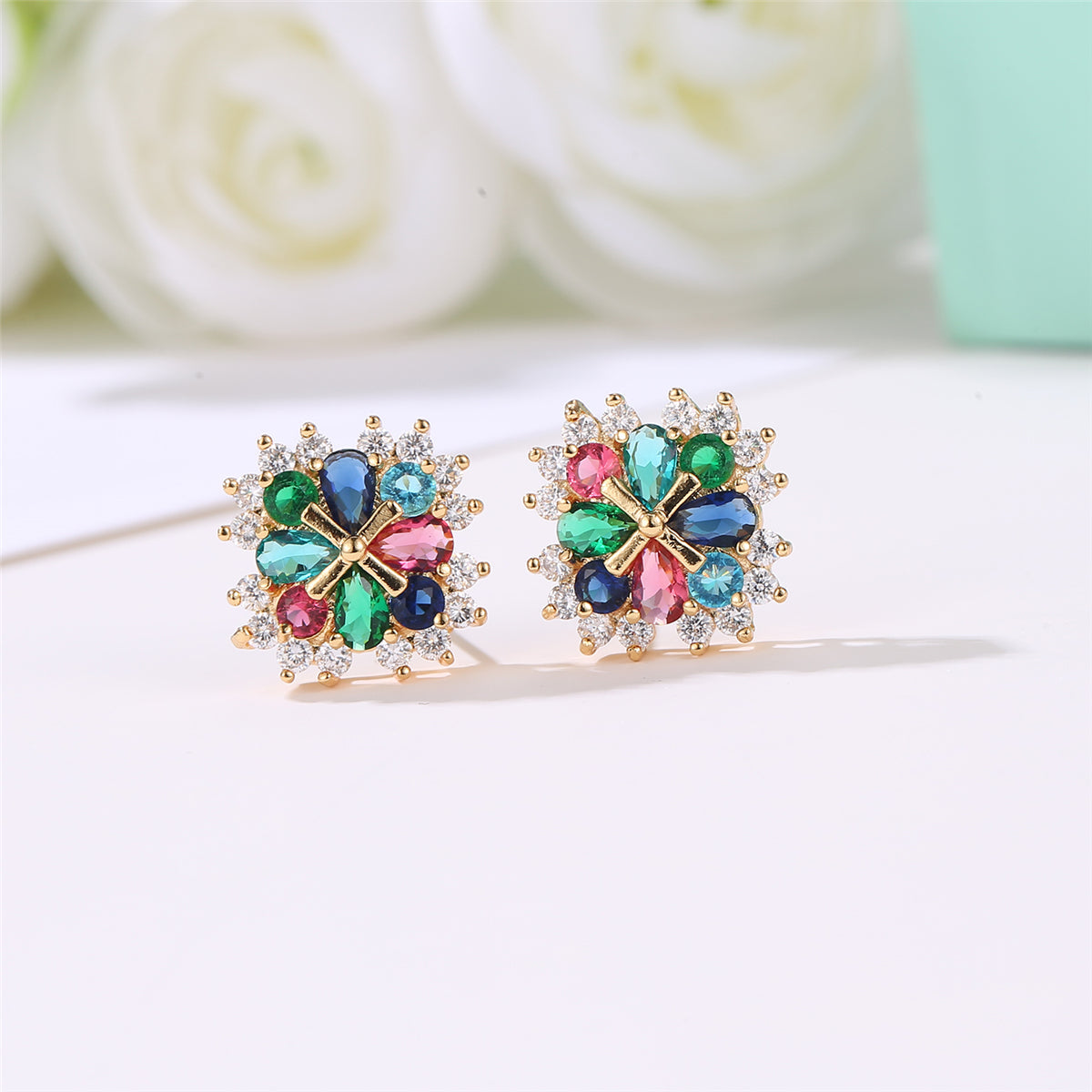 Crystal & Cubic Zirconia Cross Flower Stud Earrings