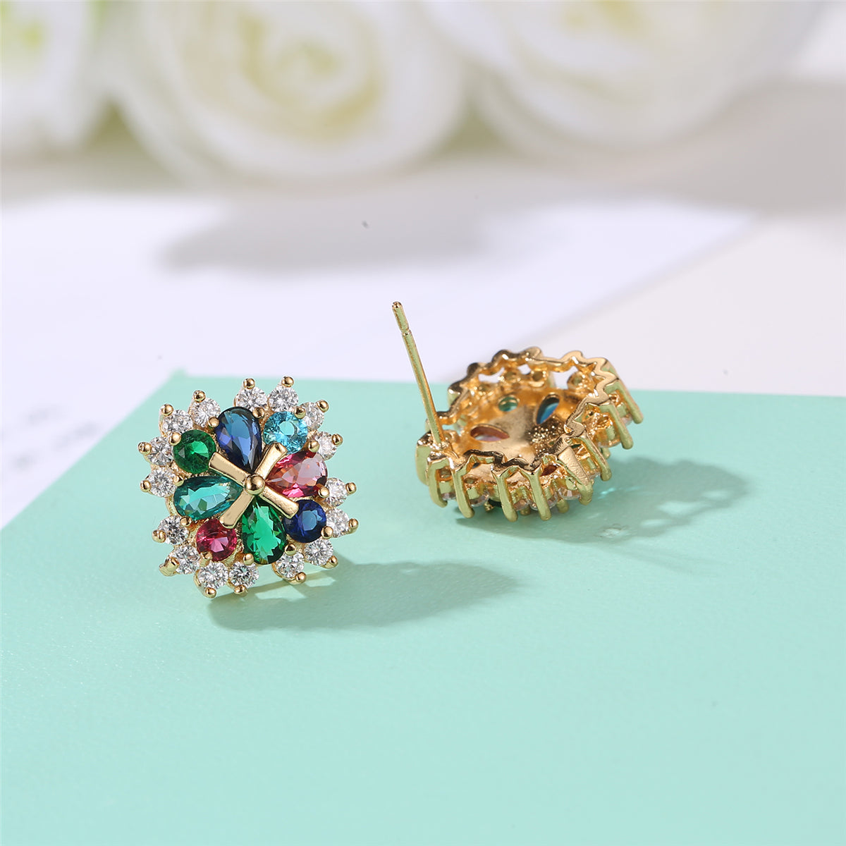 Crystal & Cubic Zirconia Cross Flower Stud Earrings