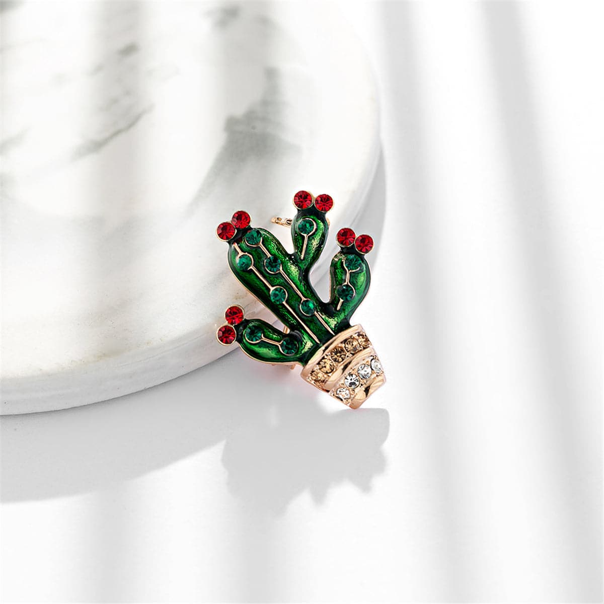 Cubic Zirconia & Gold-Plated Cactus Brooch