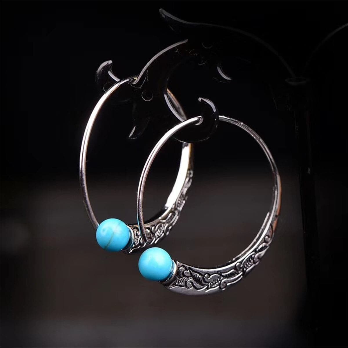 Turquoise & Silver-Plated Hoop Earrings