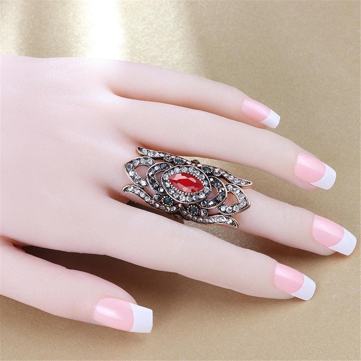 Red Resin & Cubic Zirconia 18K Gold-Plated Crown Band Ring