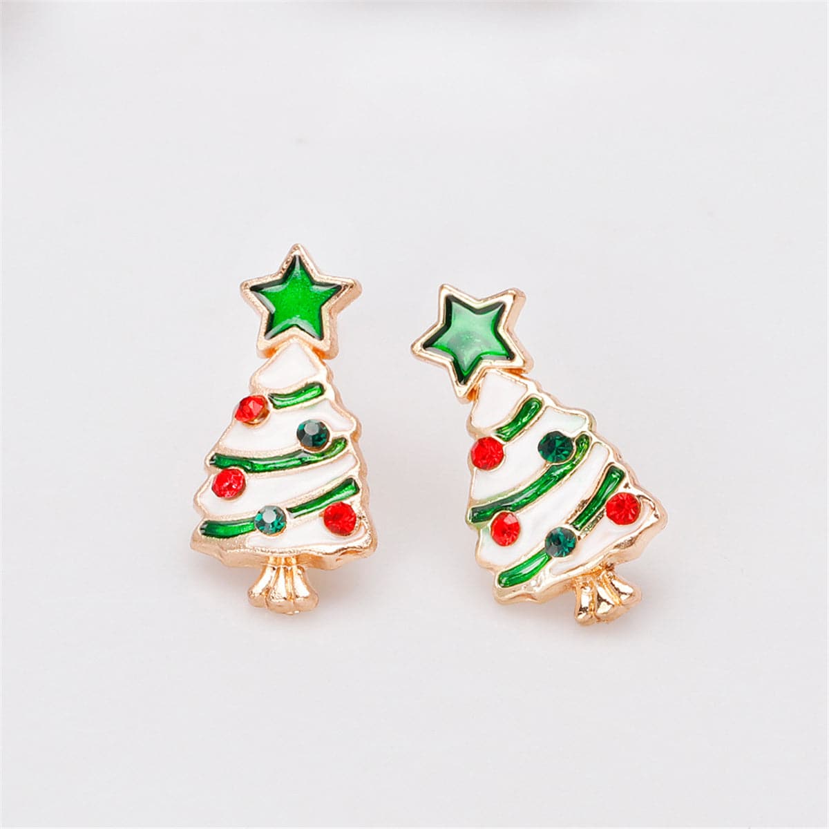 Cubic Zirconia & Enamel 18K Gold-Plated Star Christmas Tree Stud Earrings
