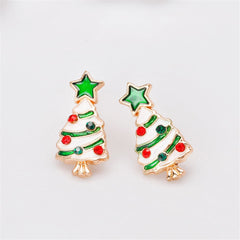 Cubic Zirconia & Enamel 18K Gold-Plated Star Christmas Tree Stud Earrings