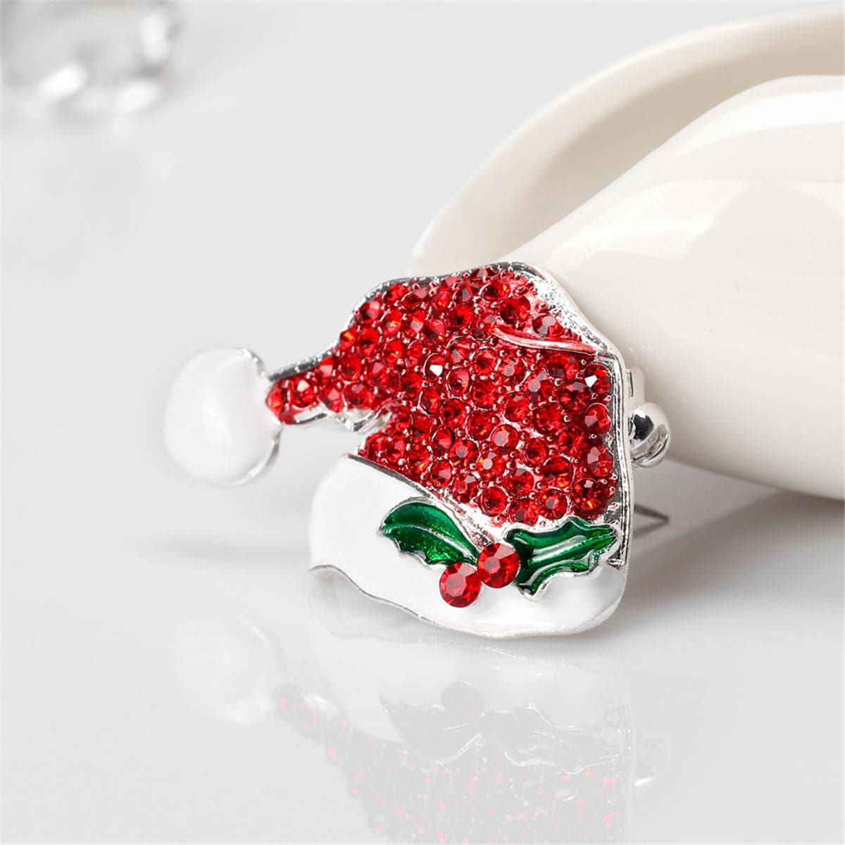 Cubic Zirconia & Enamel Silver-Plated Santa Hat Brooch