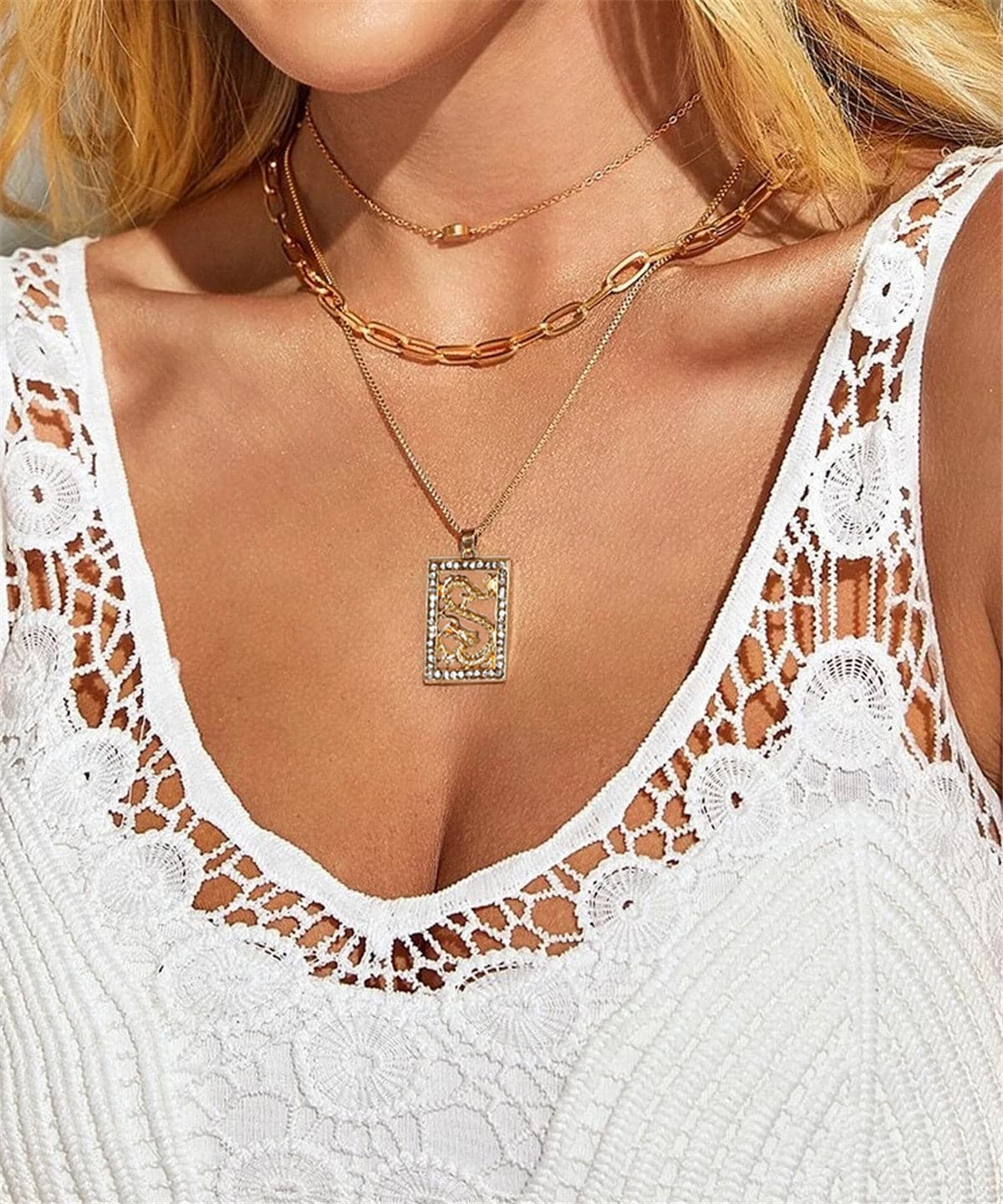 Cubic Zirconia & 18K Gold-Plated Dragon Card Pendant Layered Chain Necklace