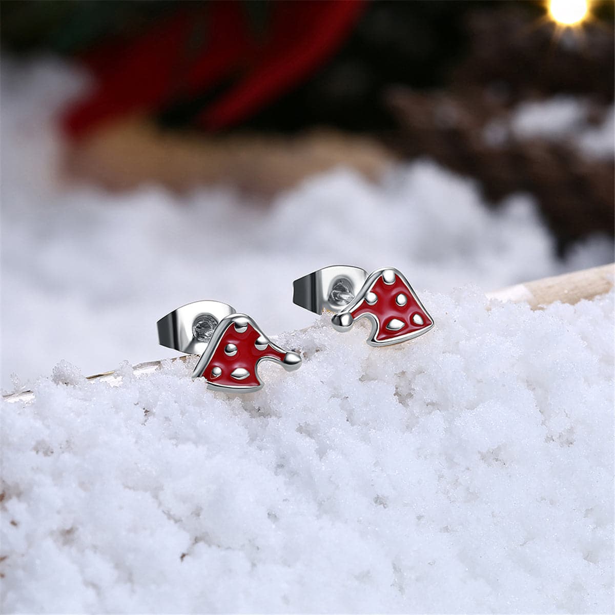 Red Enamel & Silver-Plated Christmas Hat Stud Earrings