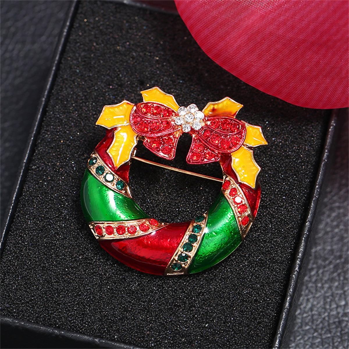 Red Cubic Zirconia and Enamel 18K Gold-Plated Christmas Bow Wreath Brooch, gold brooch pin, detail close-up