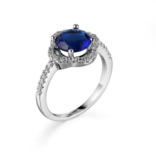 Navy Crystal and Cubic Zircon Flower Ring, statement rings for women, elegant gift for her, front view