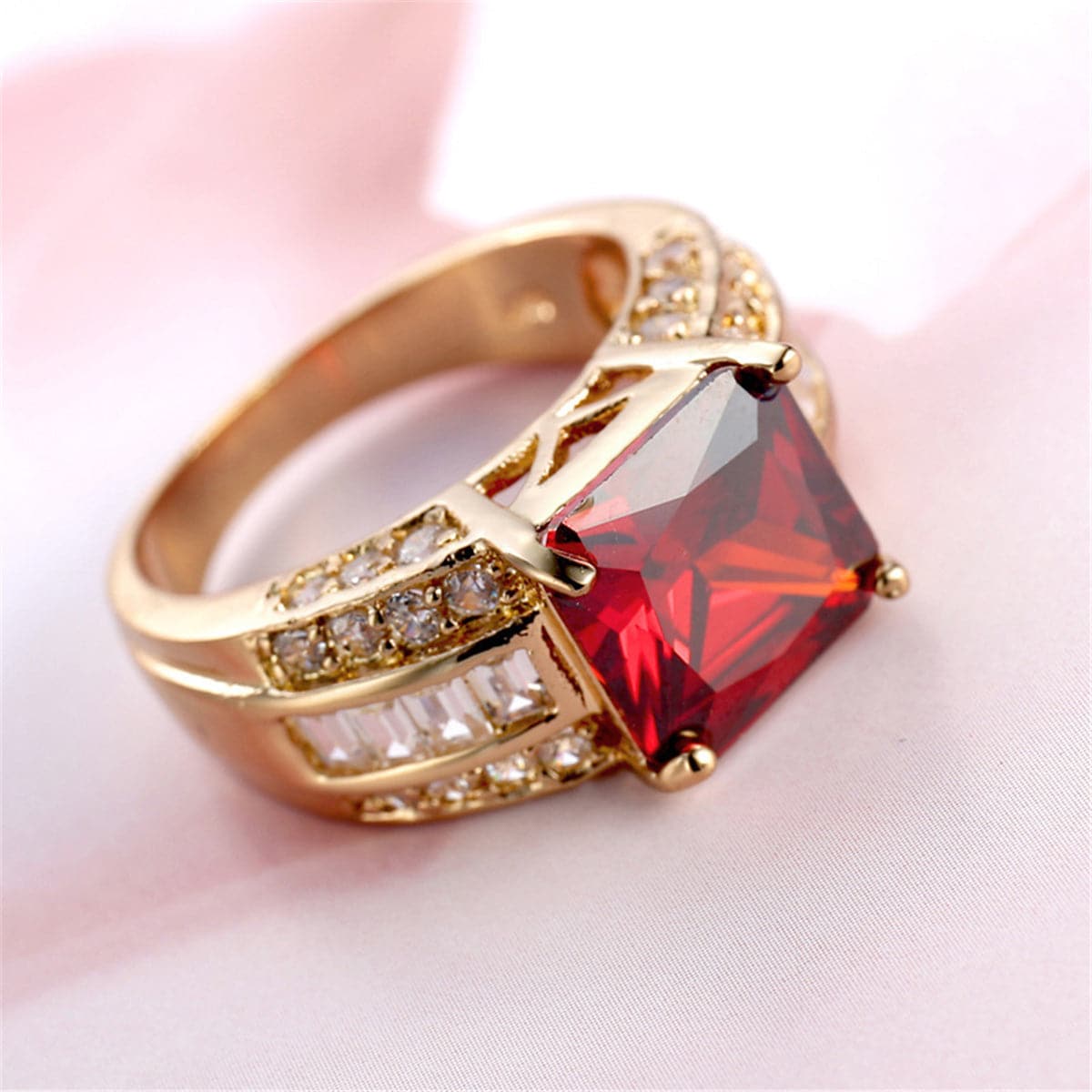 Red Crystal and Cubic Zirconia Square Ring, statement rings for women, botanical inspired, front view