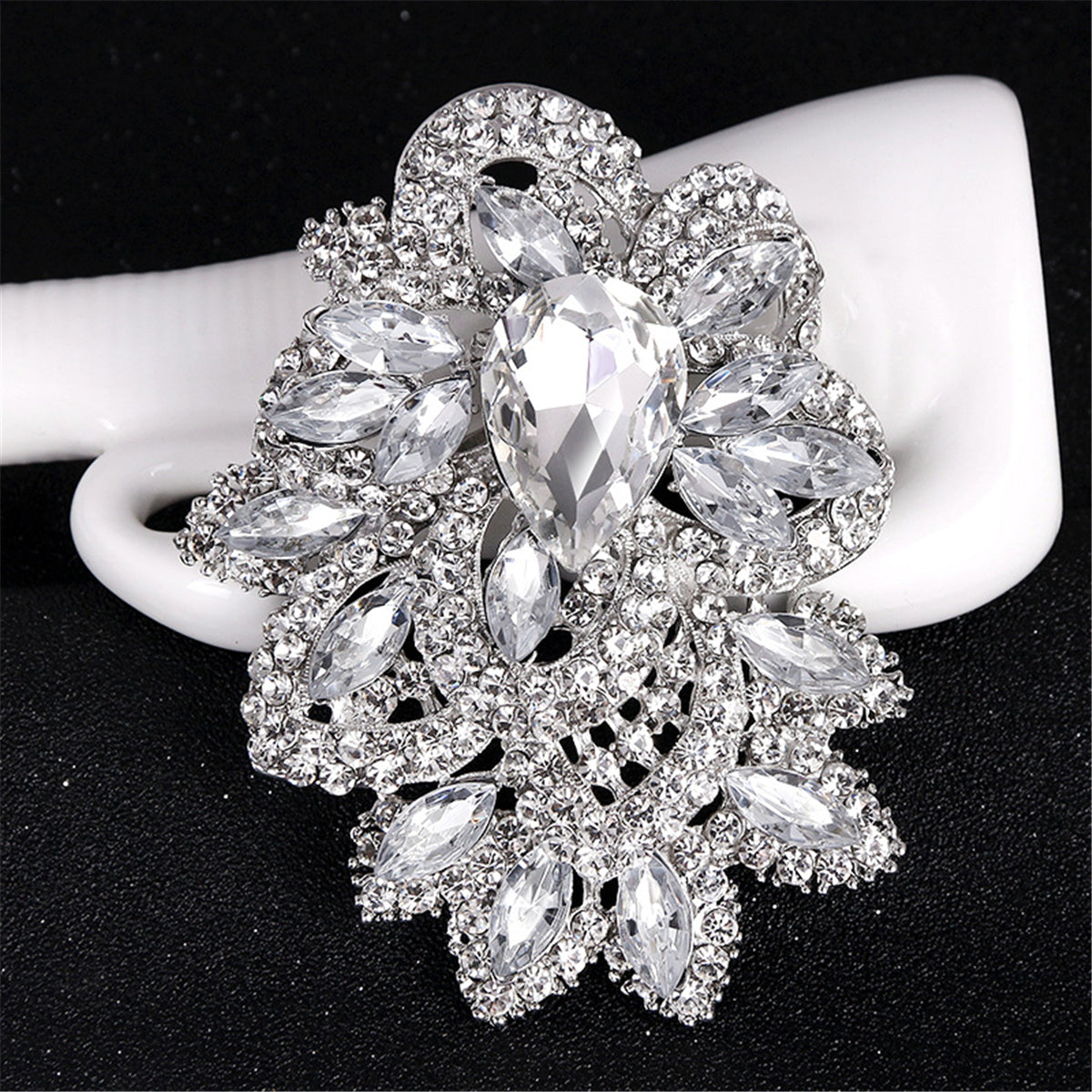 Crystal and Cubic Zirconia Rattan Brooch, brooch pin, botanical inspired, front view