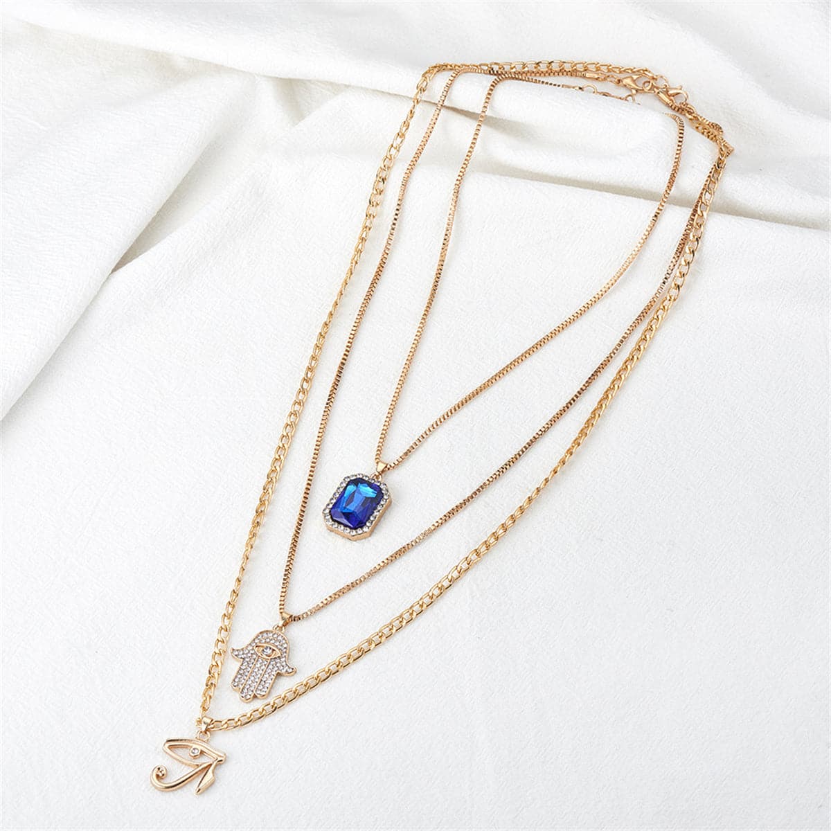 Crystal and Cubic Zirconia Hamsa Pendant Layered Necklace, pendant necklace for women, everyday style, detail close-up
