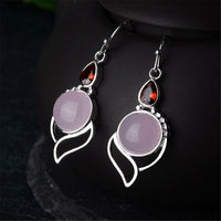 Pink Cat'S Eye & Red Crystal Silver-Plated Drop Earrings