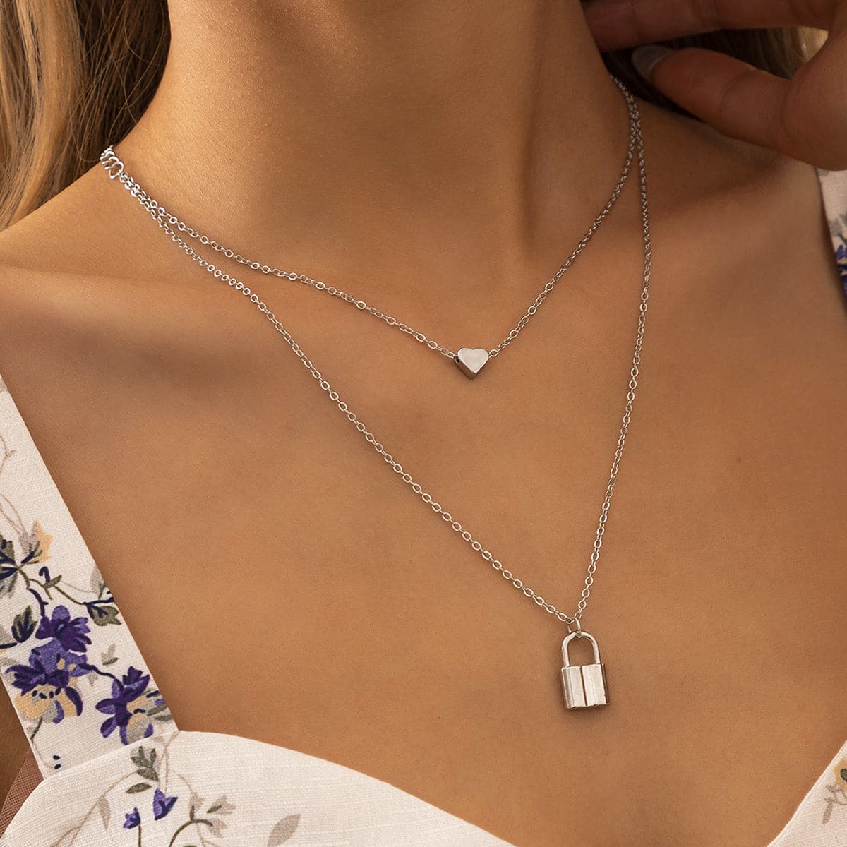 Silver-Plated Heart and Lock Layered Pendant Necklace, silver pendant necklace for women, vintage-inspired design, side view