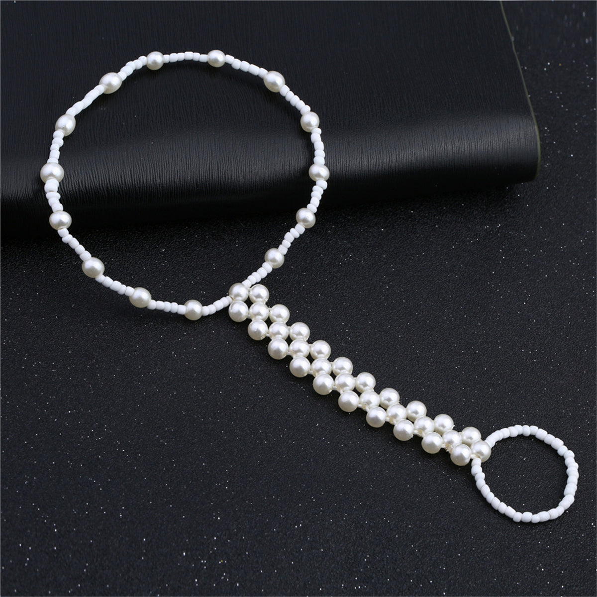 Pearl Ankle-To-Toe Ring Beaded Anklet, statement rings for women, botanical inspired, detail close-up