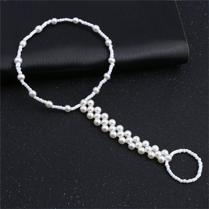 Pearl Ankle-To-Toe Ring Beaded Anklet, statement rings for women, botanical inspired, detail close-up