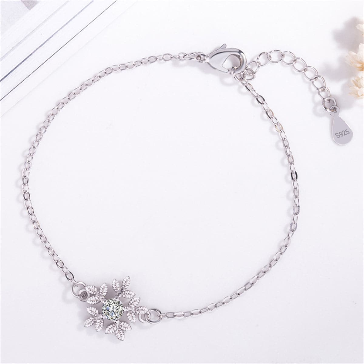 Cubic Zirconia and Silver-Plated Snowflake Charm Bracelet, silver bracelet for women, detail close-up
