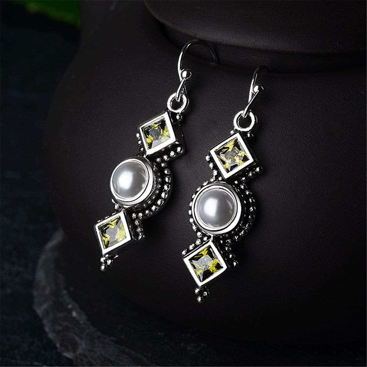Green Crystal & Imitation Pearl Square Drop Earrings - streetregion