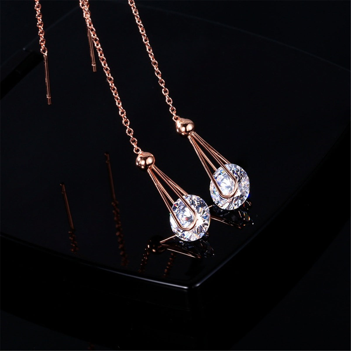 Cubic Zirconia & 18K Rose Gold-Plated Threader Earrings