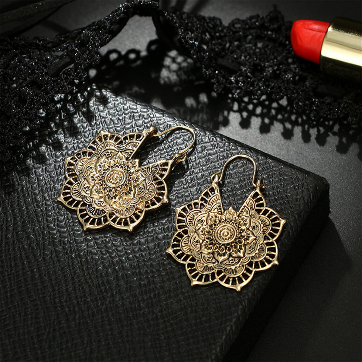 18K Gold-Plated Floral Huggie Earrings, gold huggie earrings, vintage-inspired design, side view