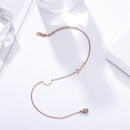 18K Rose Gold-Plated Heart 'Love' Anklet, rose gold anklet bracelet, vintage-inspired design, detail close-up
