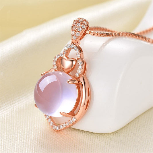 Ross Quartz and Cubic Zirconia Heart Pendant Necklace, pendant necklace for women, elegant gift for her, front view