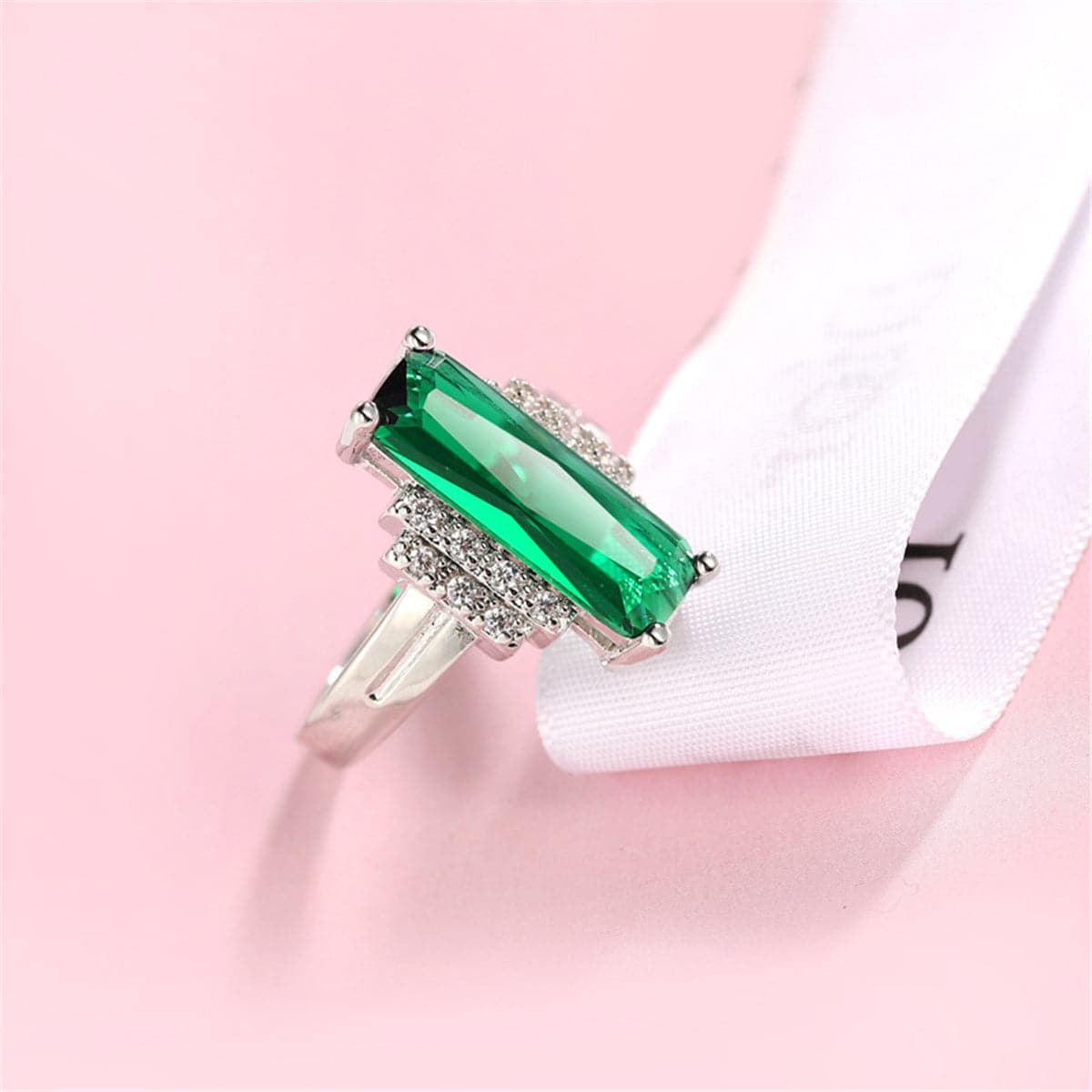 Green Cubic Zirconia & Crystal Baguette-Cut Ring
