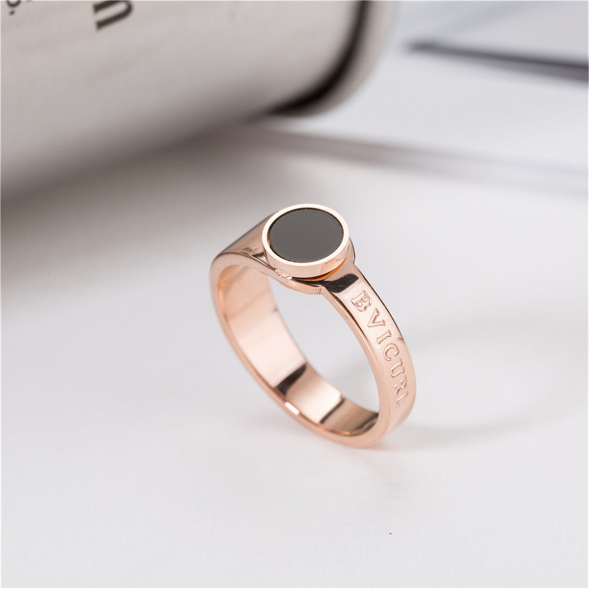 Black and 18K Rose Gold-Plated 'Bvicurl' Ring, rose gold statement rings for women, dainty minimalist design, front view