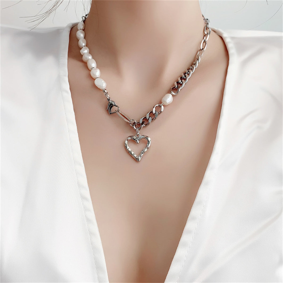 Pearl and Silver-Plated Open Heart Pendant Necklace, silver pendant necklace for women, dainty minimalist design, front view