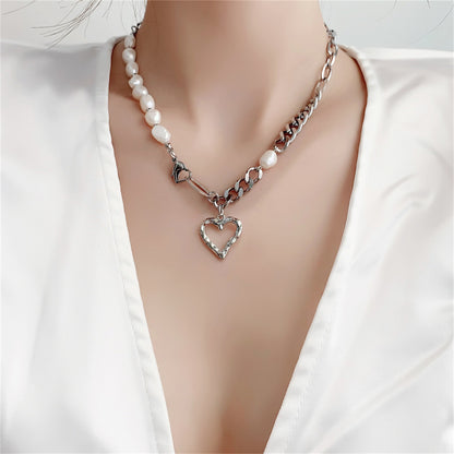 Pearl and Silver-Plated Open Heart Pendant Necklace, silver pendant necklace for women, dainty minimalist design, front view
