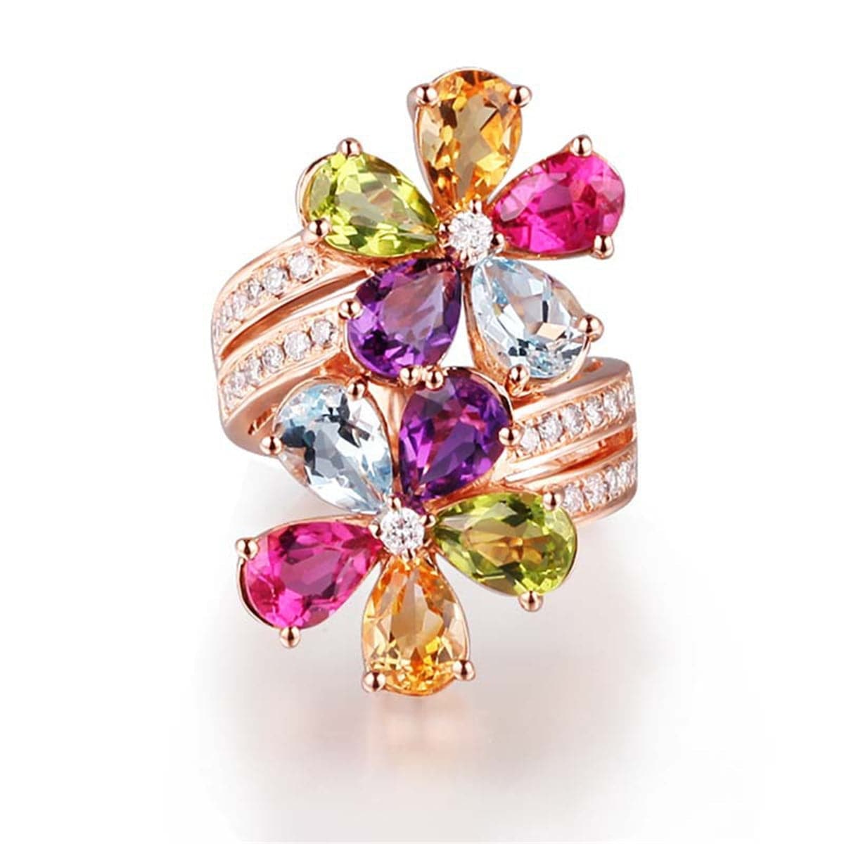 Rainbow Crystal & 18K Rose Gold-Plated Flower Band Ring