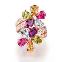 Rainbow Crystal & 18K Rose Gold-Plated Flower Band Ring