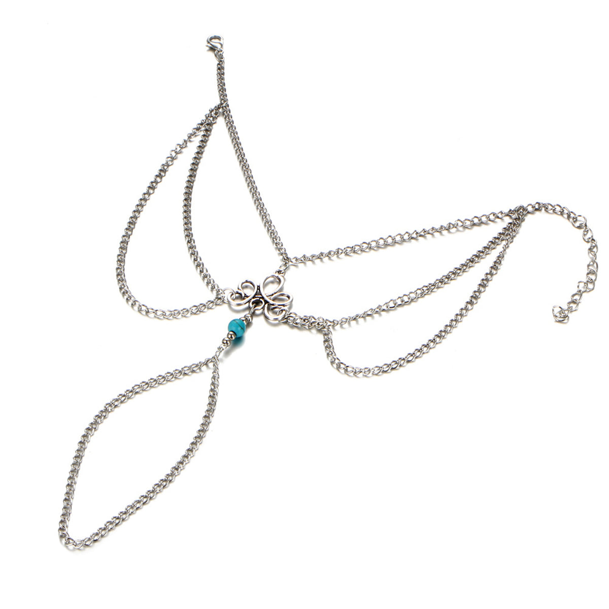 Teal Resin and Silver-Plated Ankle-To-Toe-Ring Anklet, silver anklet bracelet, dainty minimalist design, detail close-up