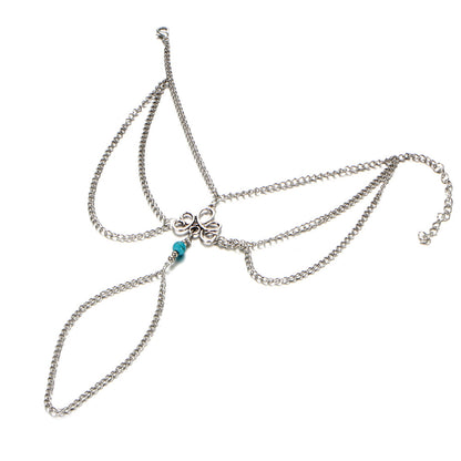 Teal Resin and Silver-Plated Ankle-To-Toe-Ring Anklet, silver anklet bracelet, dainty minimalist design, detail close-up