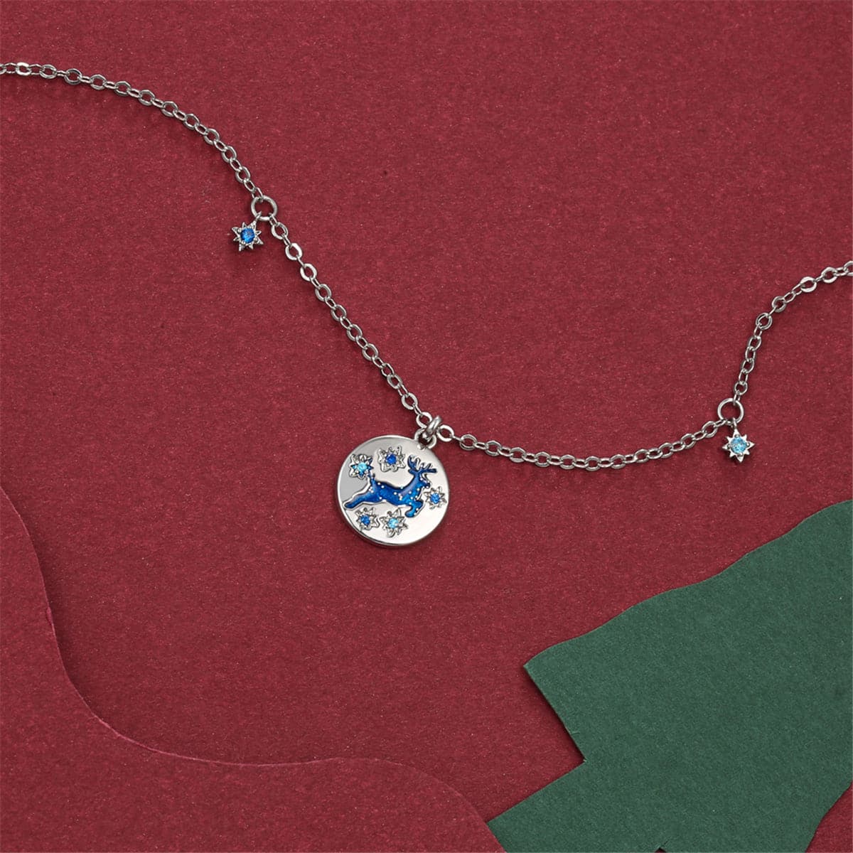 Blue Cubic Zirconia & Sterling Silver Reindeer Pendant Necklace